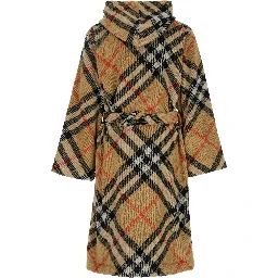 Beige Robe with Cord Closure on the Front and All-Over Check Motif in Cotton Home