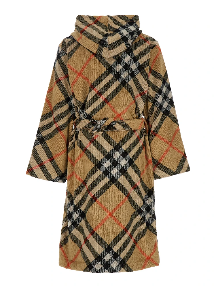 Beige Robe with Cord Closure on the Front and All-Over Check Motif in Cotton Home alternative
