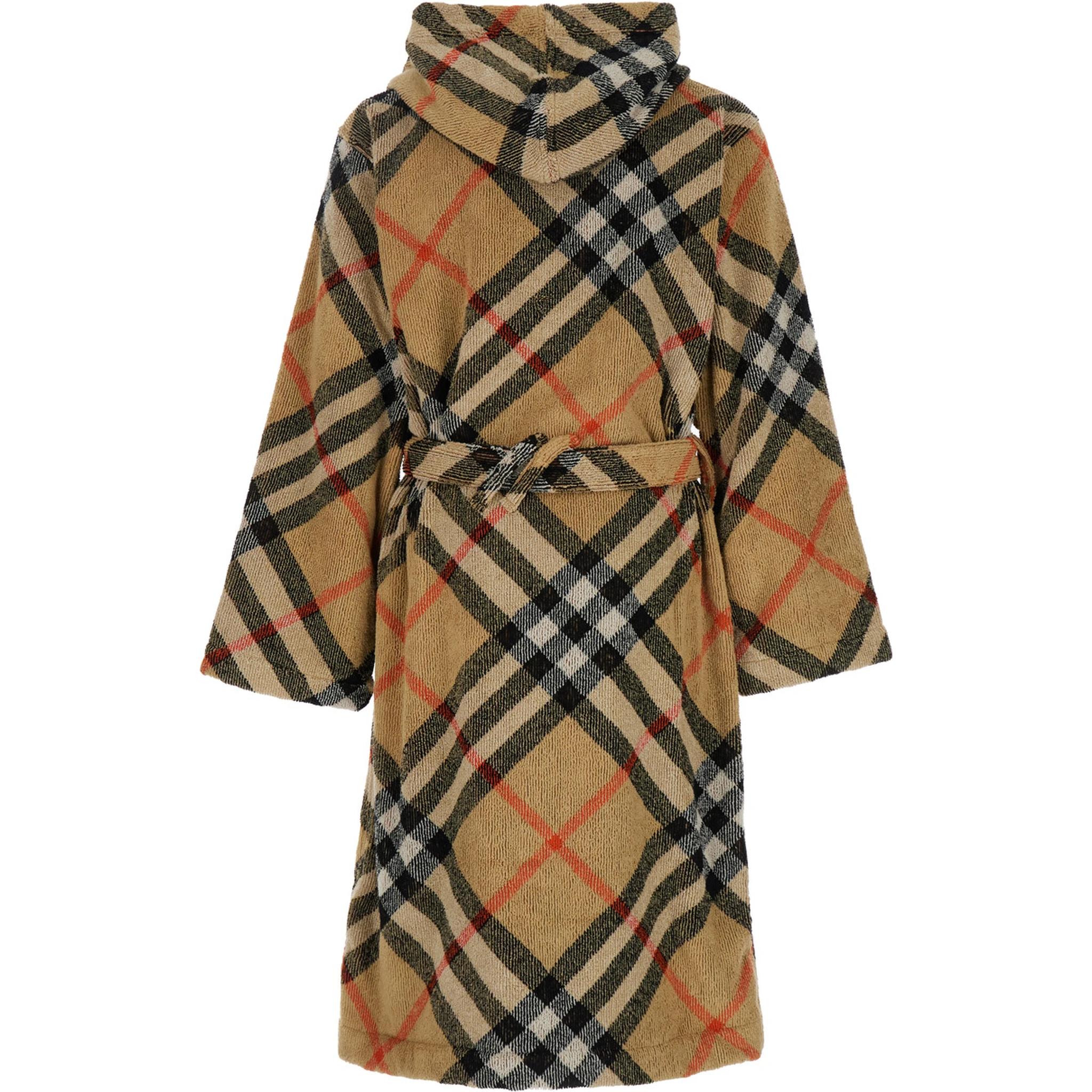 Beige Robe with Cord Closure on the Front and All-Over Check Motif in Cotton Home