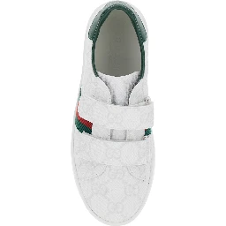 Plastic White Low Top Sneakers with Web Detail on the Side in GG Canvas Boy
