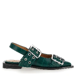 Green Ballet Shoes with Double Buckle and Pointed Design in Leather Woman