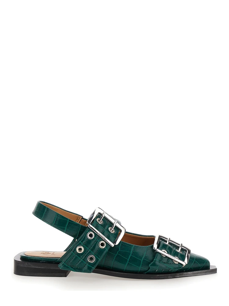 Green Ballet Shoes with Double Buckle and Pointed Design in Leather Woman