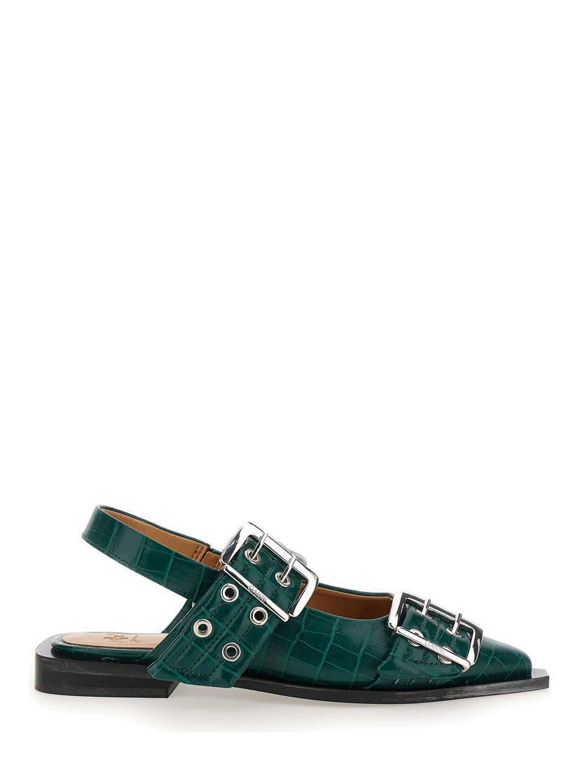 Green Ballet Shoes with Double Buckle and Pointed Design in Leather Woman