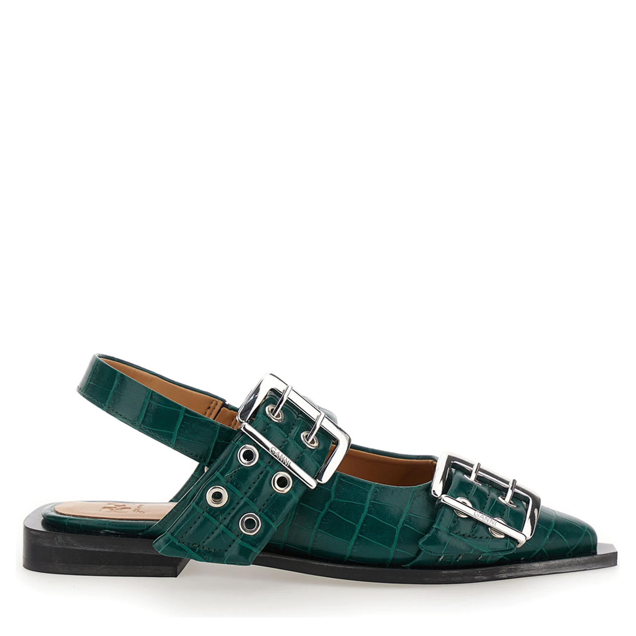 Green Ballet Shoes with Double Buckle and Pointed Design in Leather Woman