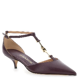 حذاء نسائي بكعب منخفض وحزام على شكل حرف T من الجلد، لون بورغندي