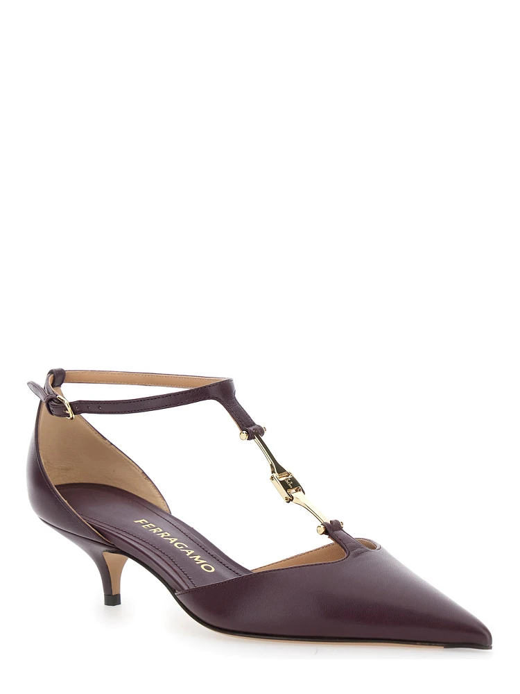 Bordeaux Pumps with T Strap and Low Heel in Leather Woman alternative