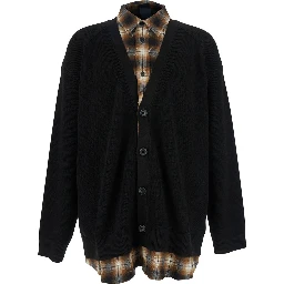 Black Sweater with Layered Design and Classic Collar in Cotton and Wool Blend Man
