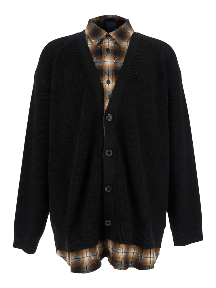 Black Sweater with Layered Design and Classic Collar in Cotton and Wool Blend Man