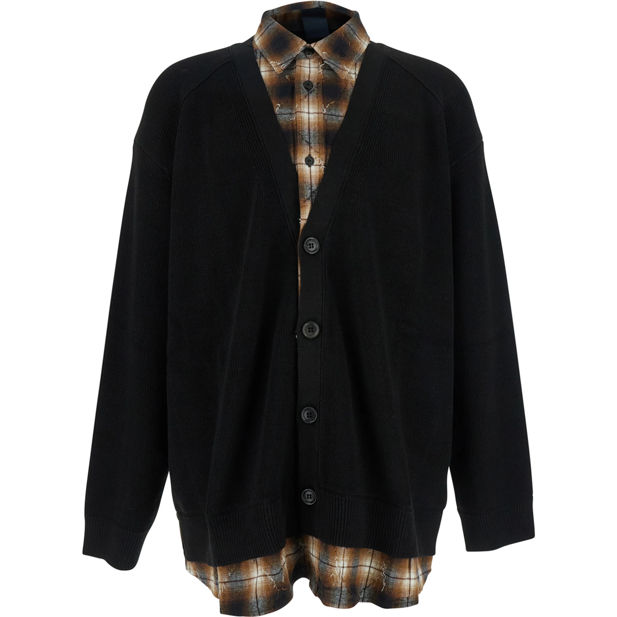 Black Sweater with Layered Design and Classic Collar in Cotton and Wool Blend Man