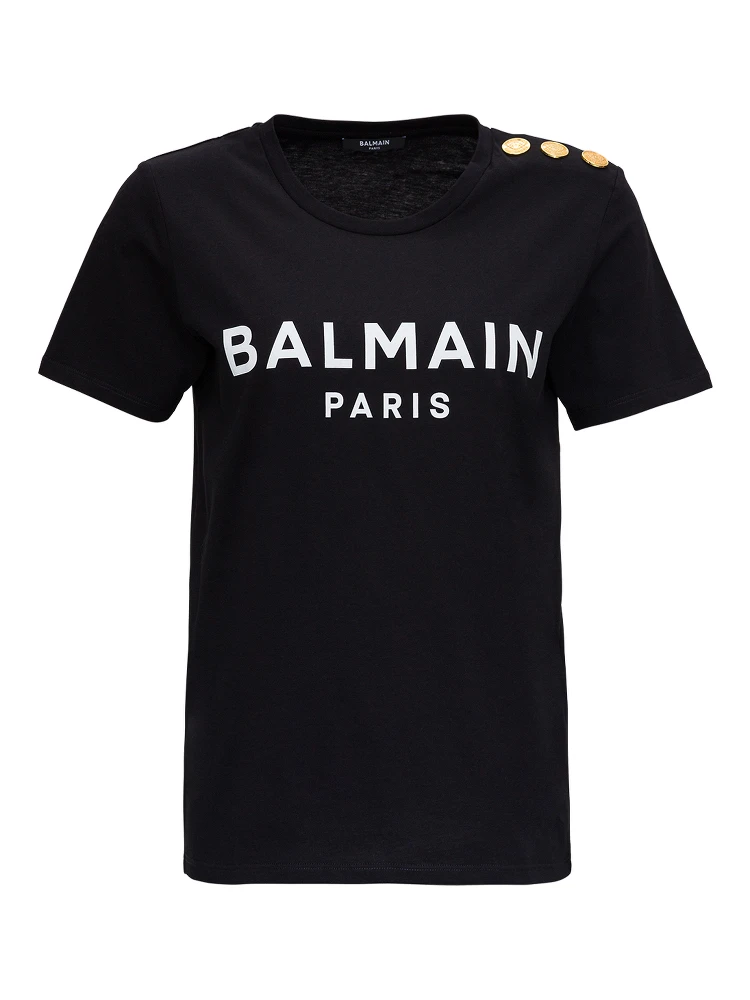 Black Crewneck T-Shirt with Logo Print and Golden Buttons in Jersey Woman