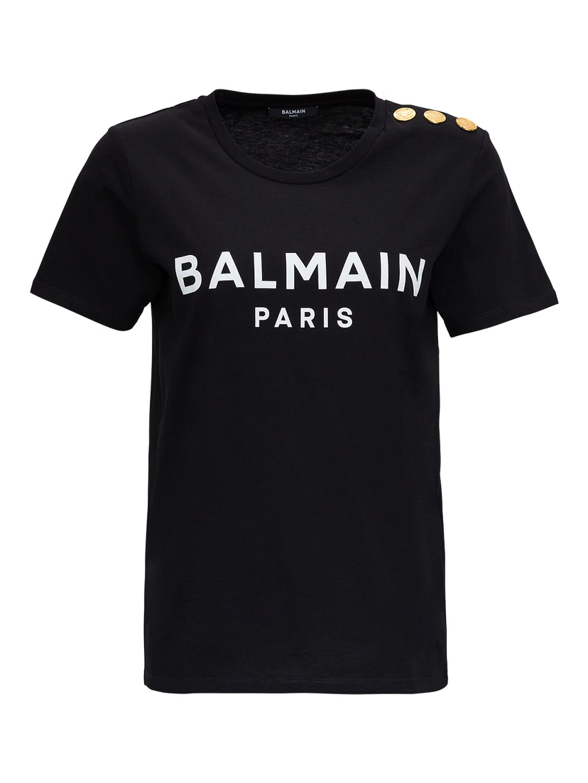 Black Crewneck T-Shirt with Logo Print and Golden Buttons in Jersey Woman