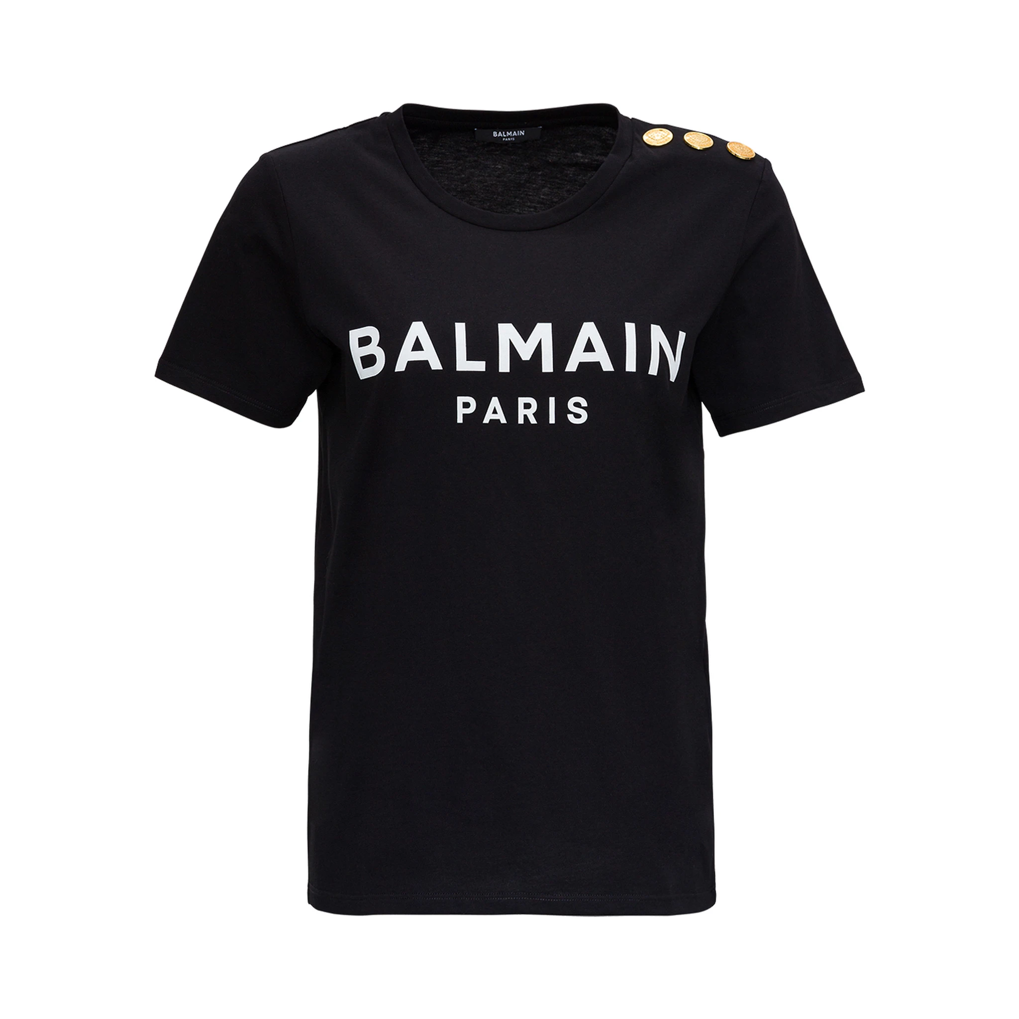 Black Crewneck T-Shirt with Logo Print and Golden Buttons in Jersey Woman