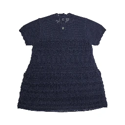 Blue Dress with Round Neck and Logo Embroidery on the Front in Wool Blend Girl