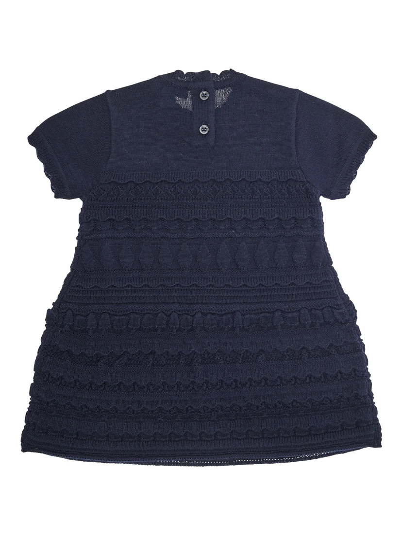 Blue Dress with Round Neck and Logo Embroidery on the Front in Wool Blend Girl