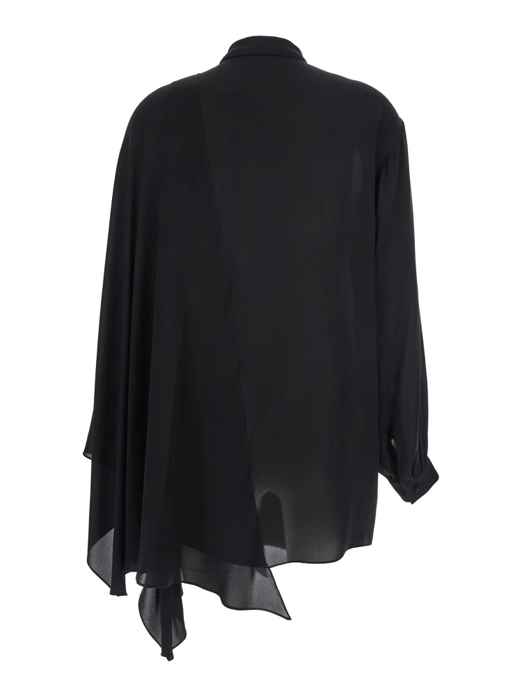 Black Blouse with Pussybow Collar and Asymmetric Design in Silk Woman alternative