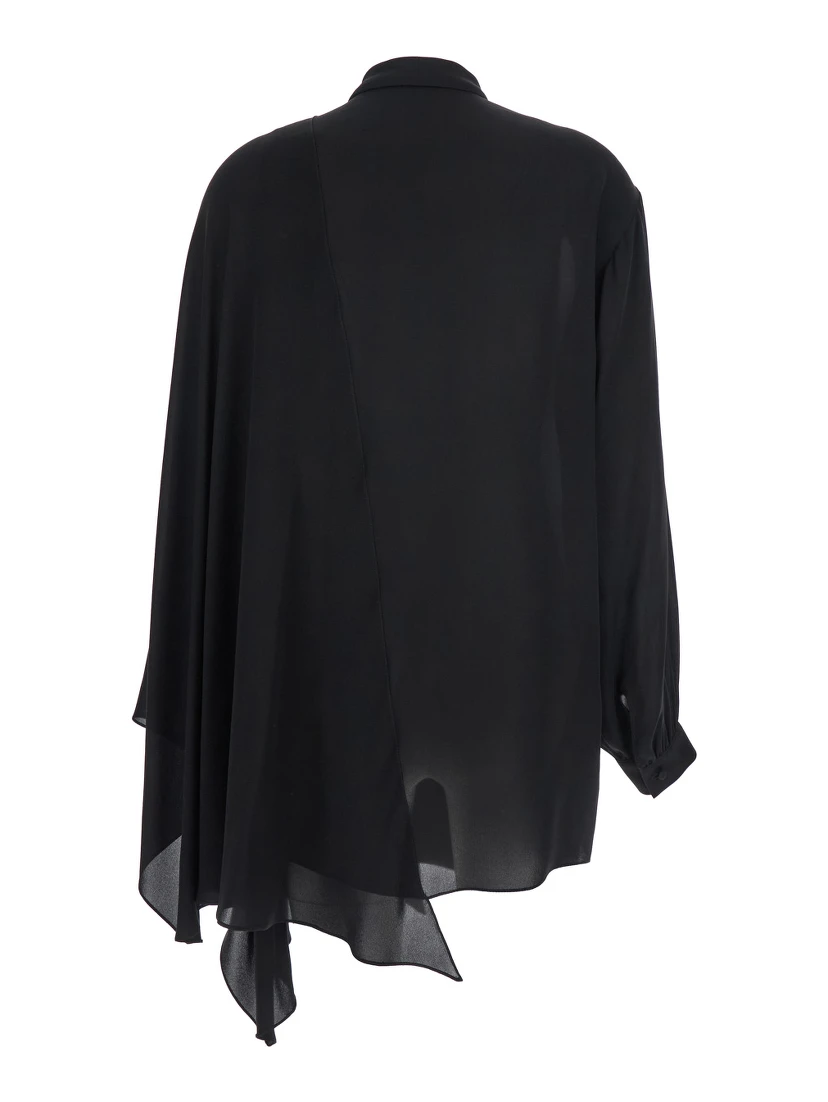 Black Blouse with Pussybow Collar and Asymmetric Design in Silk Woman