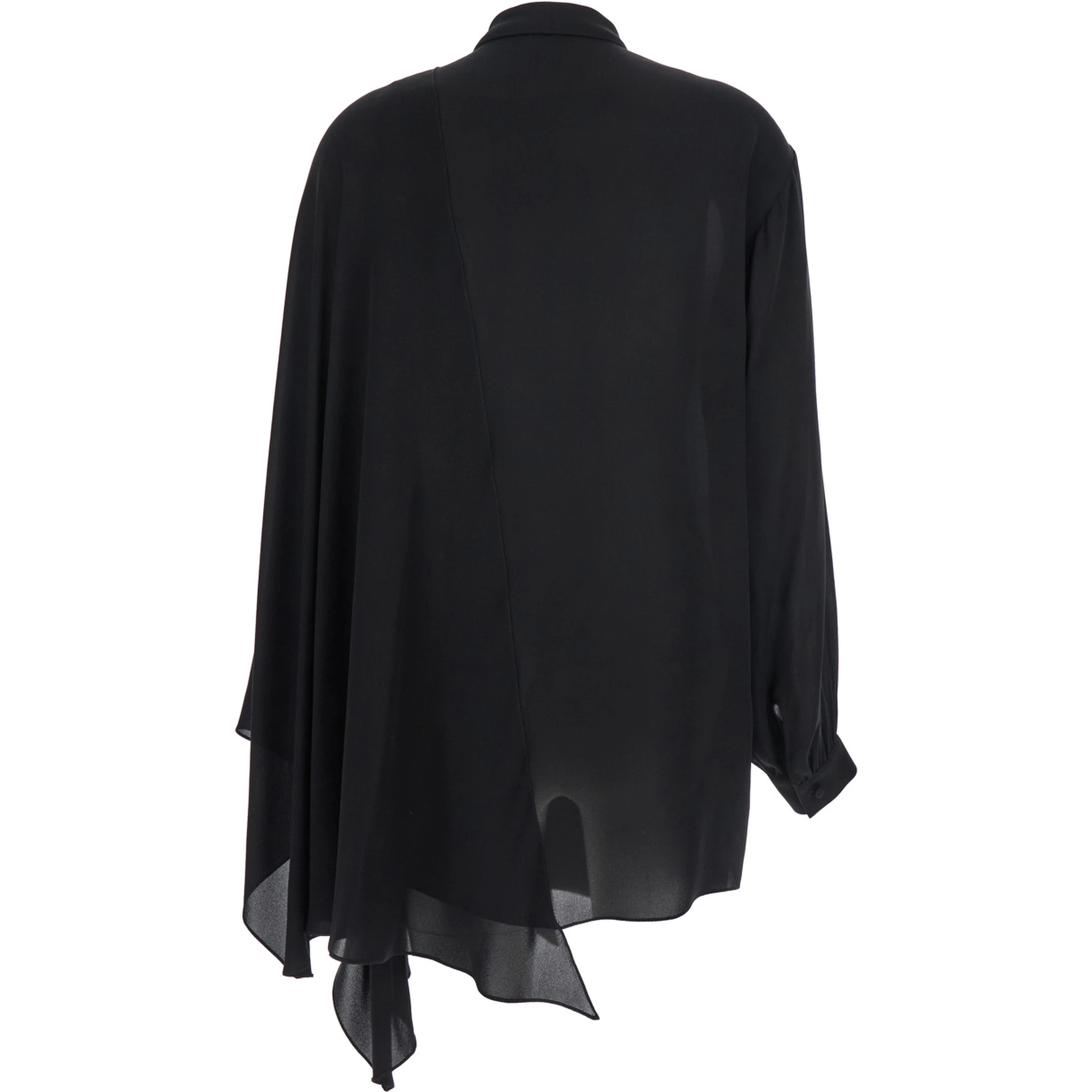Black Blouse with Pussybow Collar and Asymmetric Design in Silk Woman