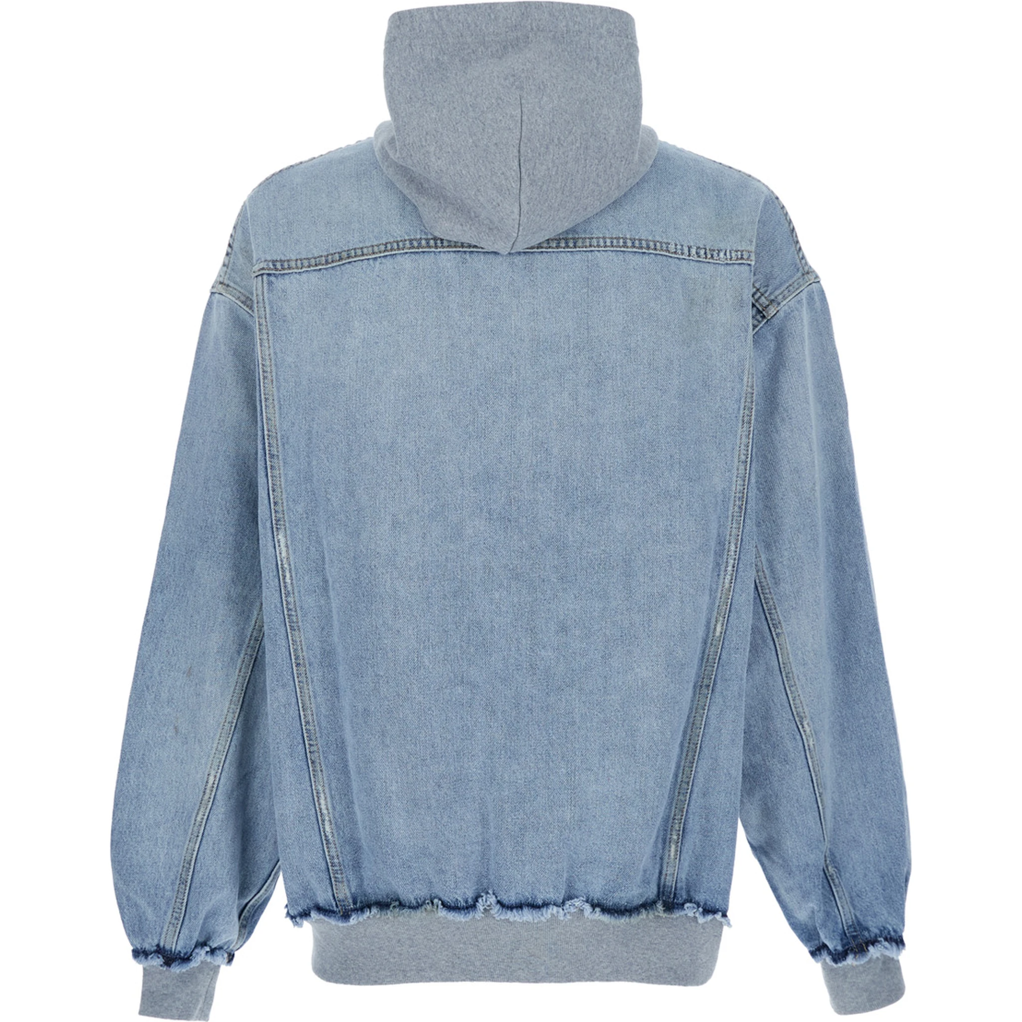 Light Blue Jacket with Fixed Hood and Maxi Logo Lettering on the Sleeve in Denim Man