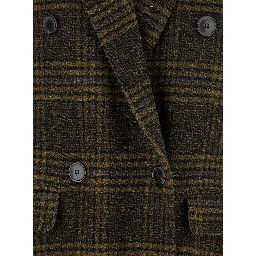 Lexana Green Double-Breasted Coat with Peak Revers and All-Over Check Motif in Wool Woman
