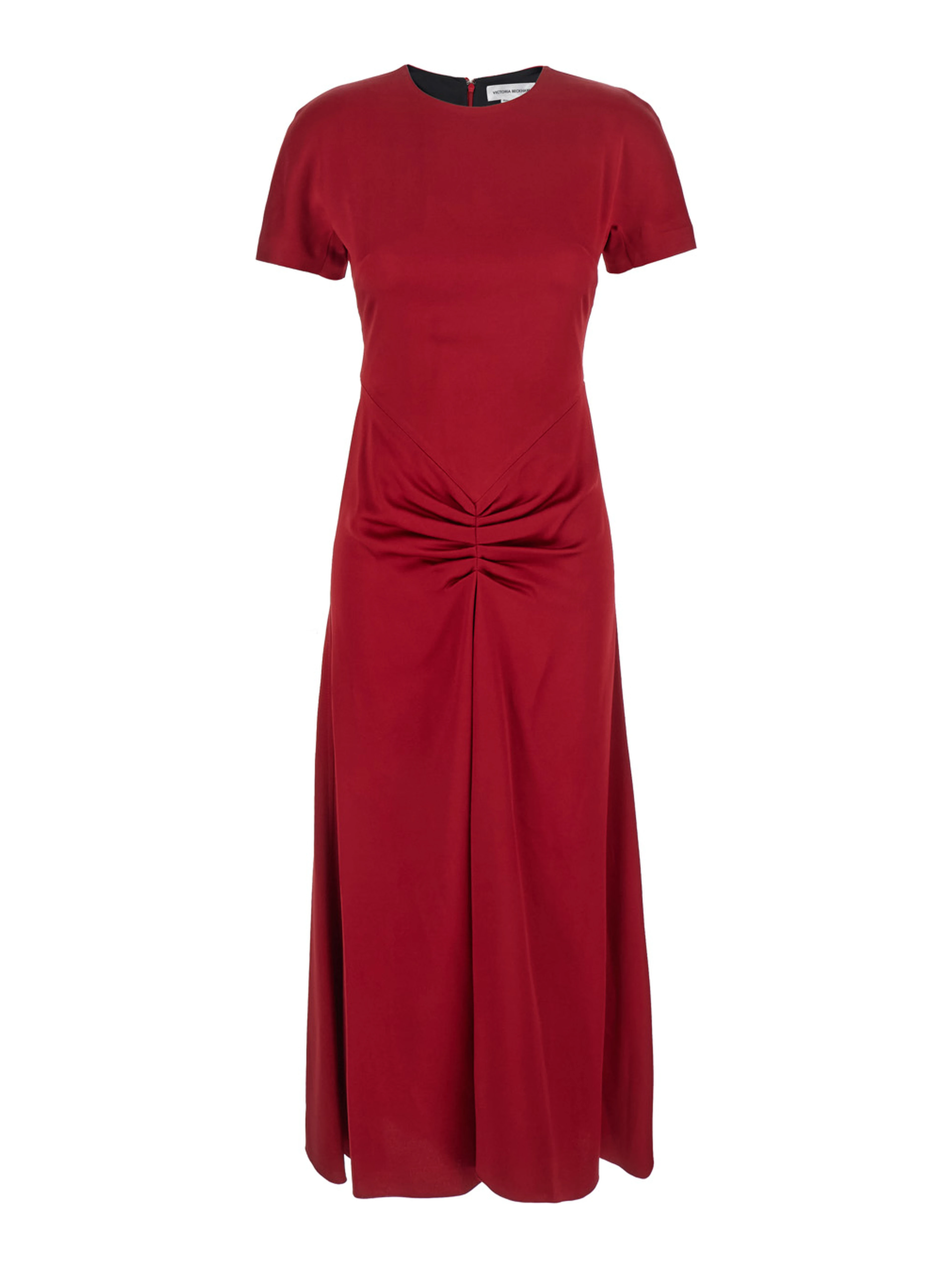 Red Crewneck Midi Dress with Gathered Waist and Rear Zip Closure in Viscose Blend Woman