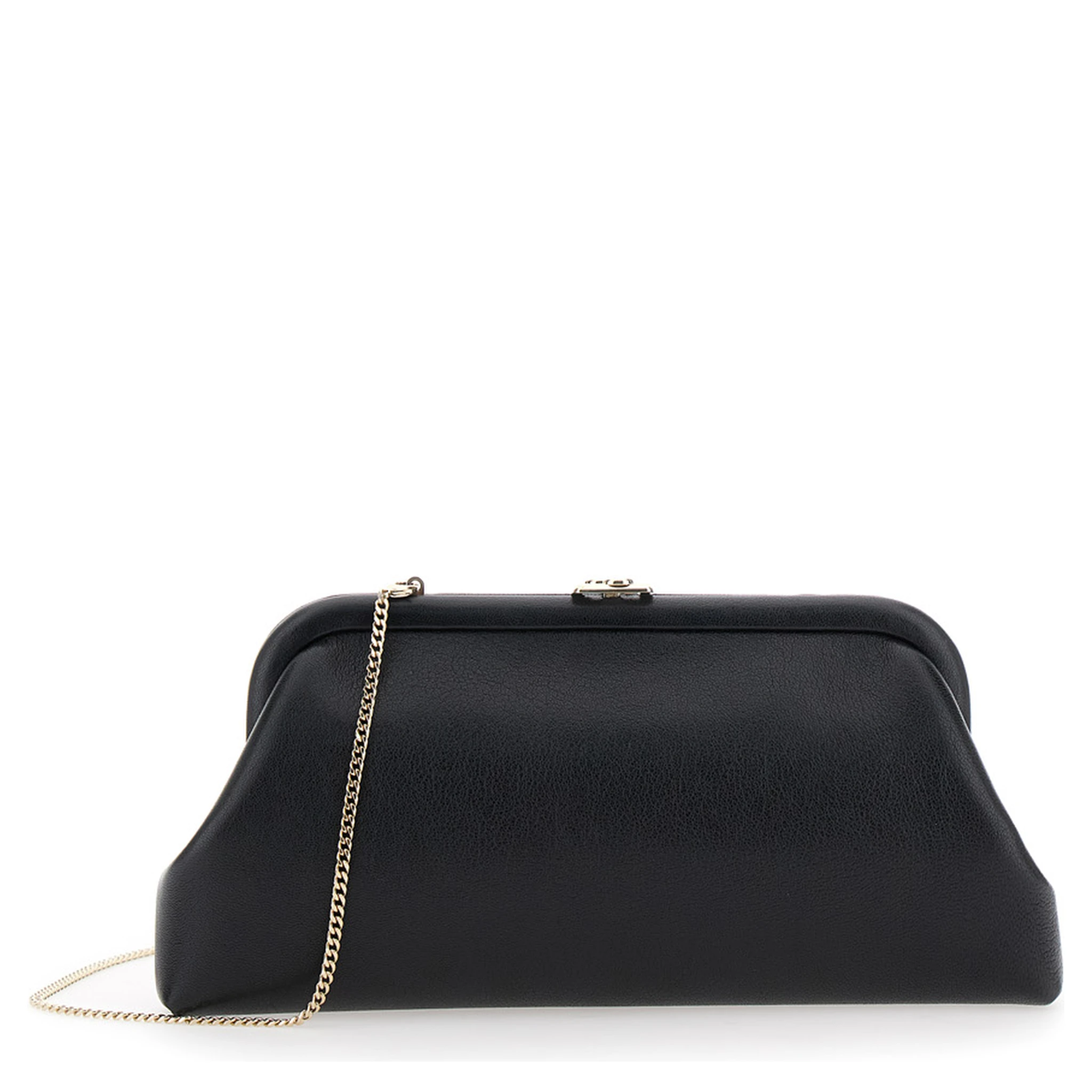 Skylar Black Clutch with Chain-Link Shoulder Strap and Kiss-Lock Closure with Logo Plaque in Leather Woman