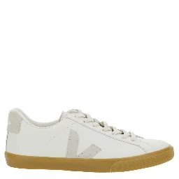 Esplar White Low Top Sneakers with Contrasting Heel with Logo Lettering and Logo Patch on the Side in Leather Unisex