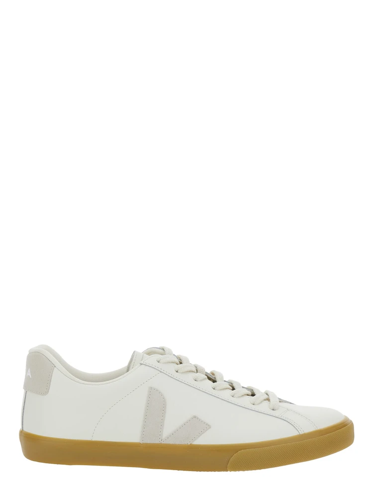 Esplar White Low Top Sneakers with Contrasting Heel with Logo Lettering and Logo Patch on the Side in Leather Unisex