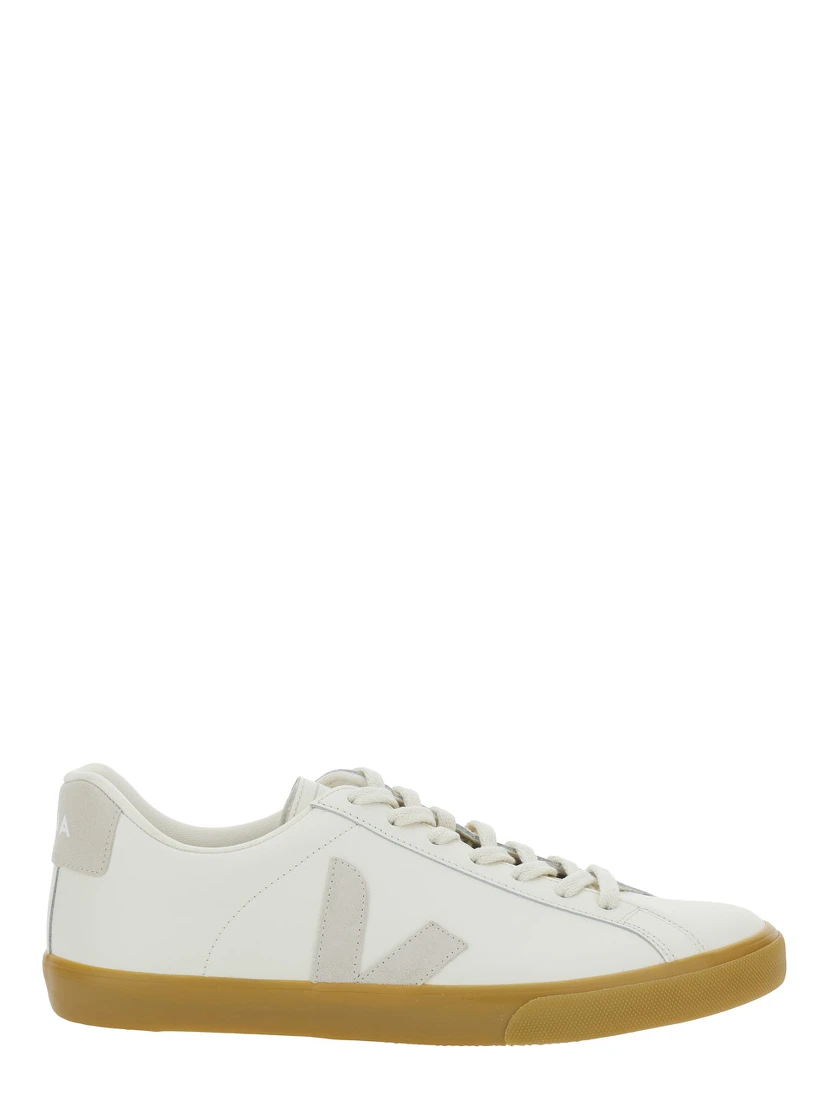 Esplar White Low Top Sneakers with Contrasting Heel with Logo Lettering and Logo Patch on the Side in Leather Unisex