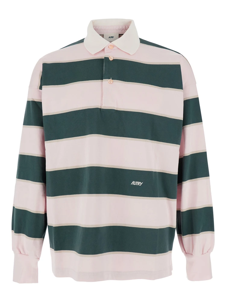 Pink Polo Shirt with Classic Collar and All-Over Striped Motif in Cotton Man