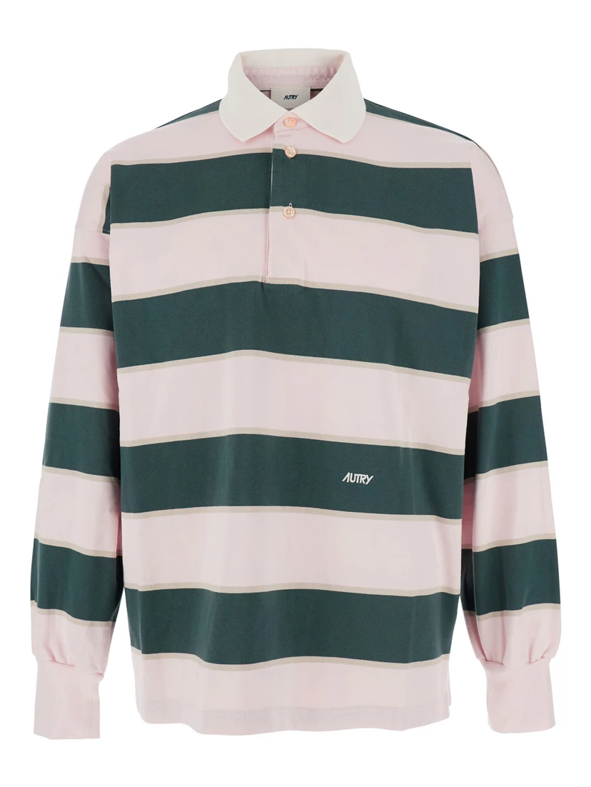 Pink Polo Shirt with Classic Collar and All-Over Striped Motif in Cotton Man