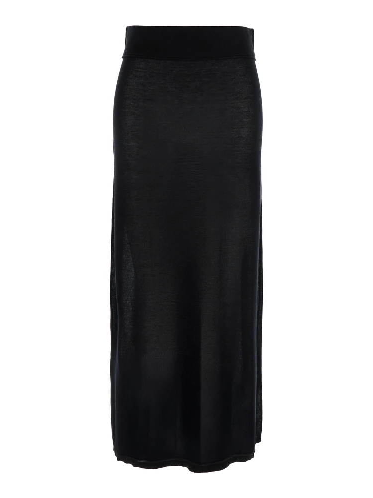 Black Long Skirt with Elastic Waist and Ribbed Hem in Cashmere Blend Woman