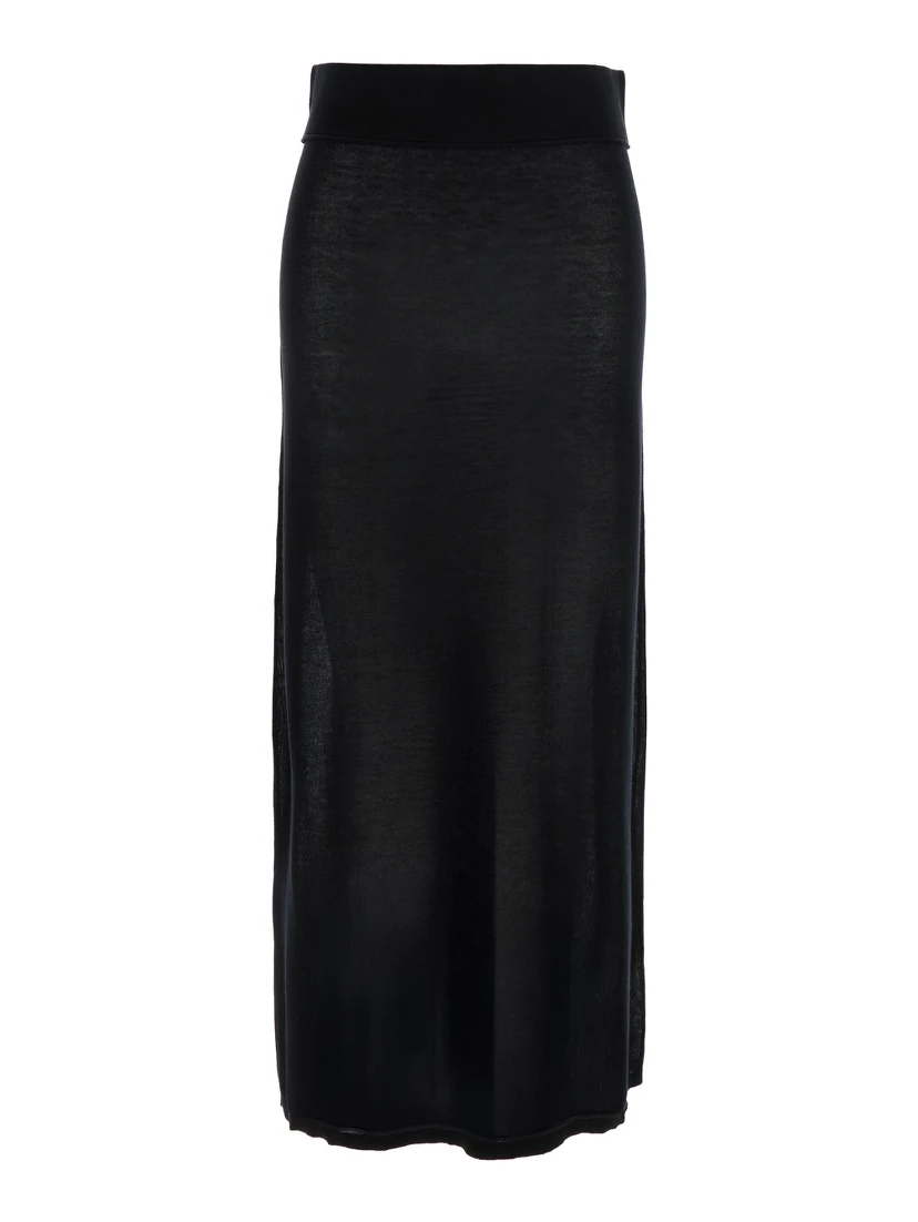 Black Long Skirt with Elastic Waist and Ribbed Hem in Cashmere Blend Woman