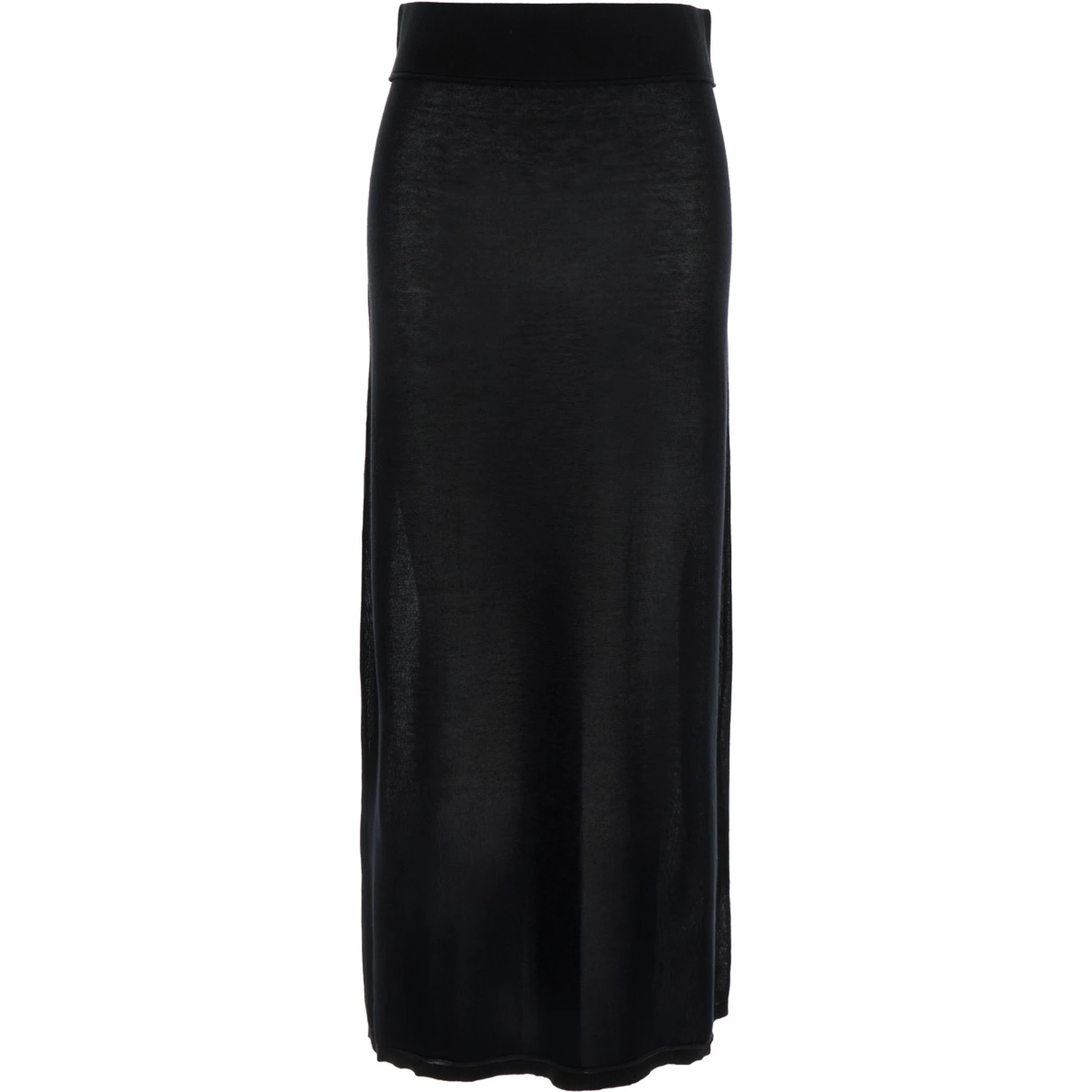 Black Long Skirt with Elastic Waist and Ribbed Hem in Cashmere Blend Woman