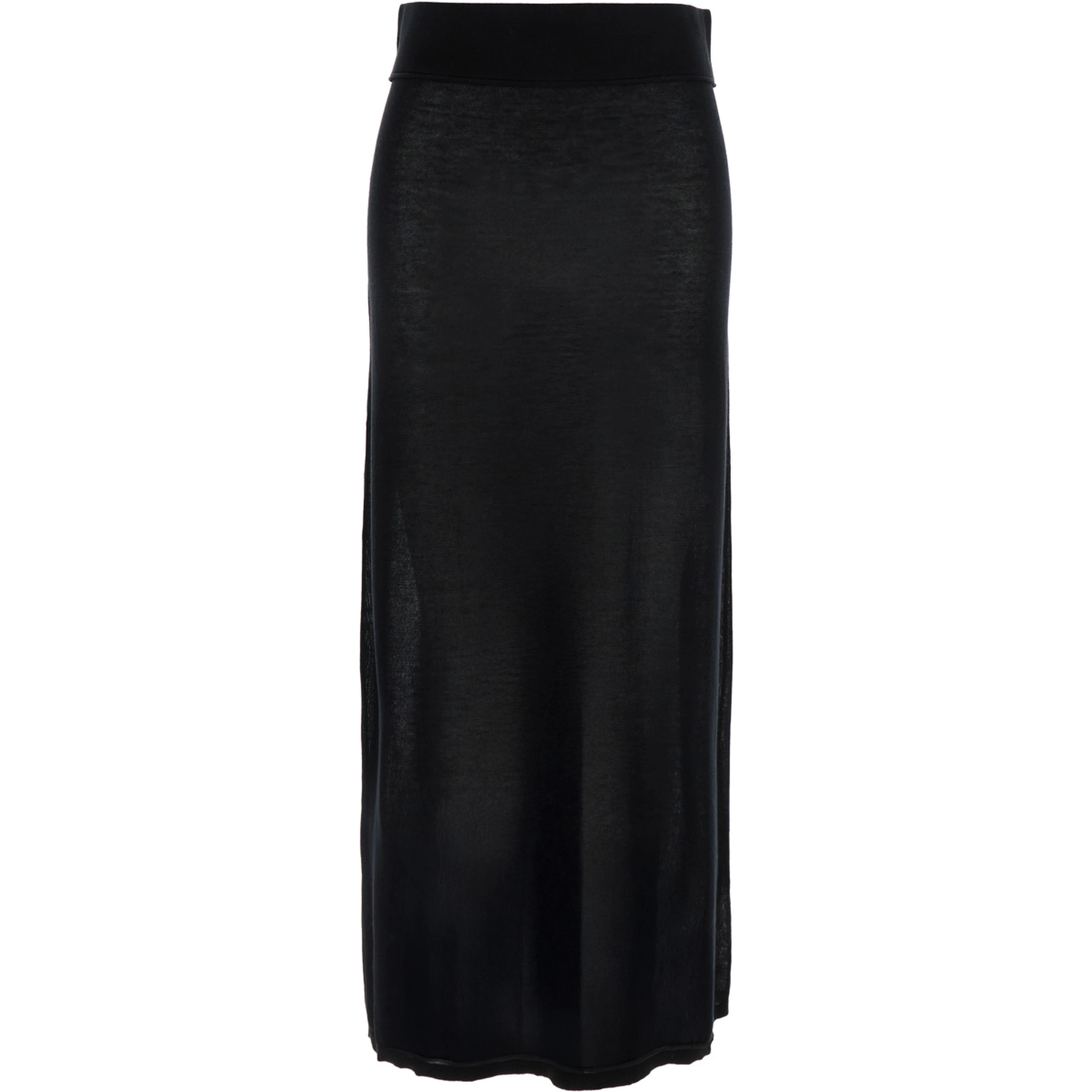 Black Long Skirt with Elastic Waist and Ribbed Hem in Cashmere Blend Woman
