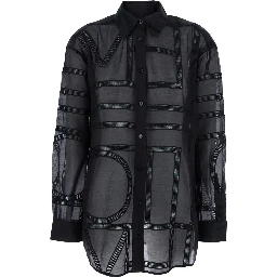 Black Shirt with Classic Collar and All-Over Logo Lettering Embroidery in Cotton and Silk Woman