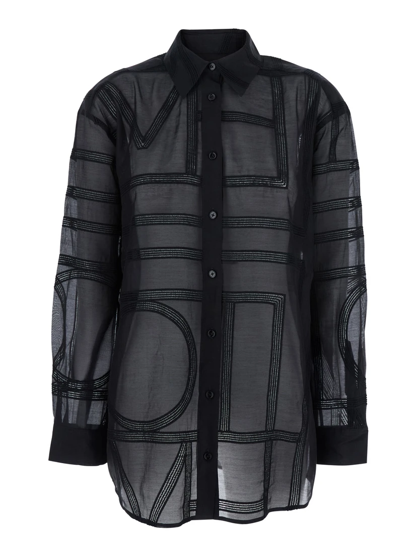 Black Shirt with Classic Collar and All-Over Logo Lettering Embroidery in Cotton and Silk Woman