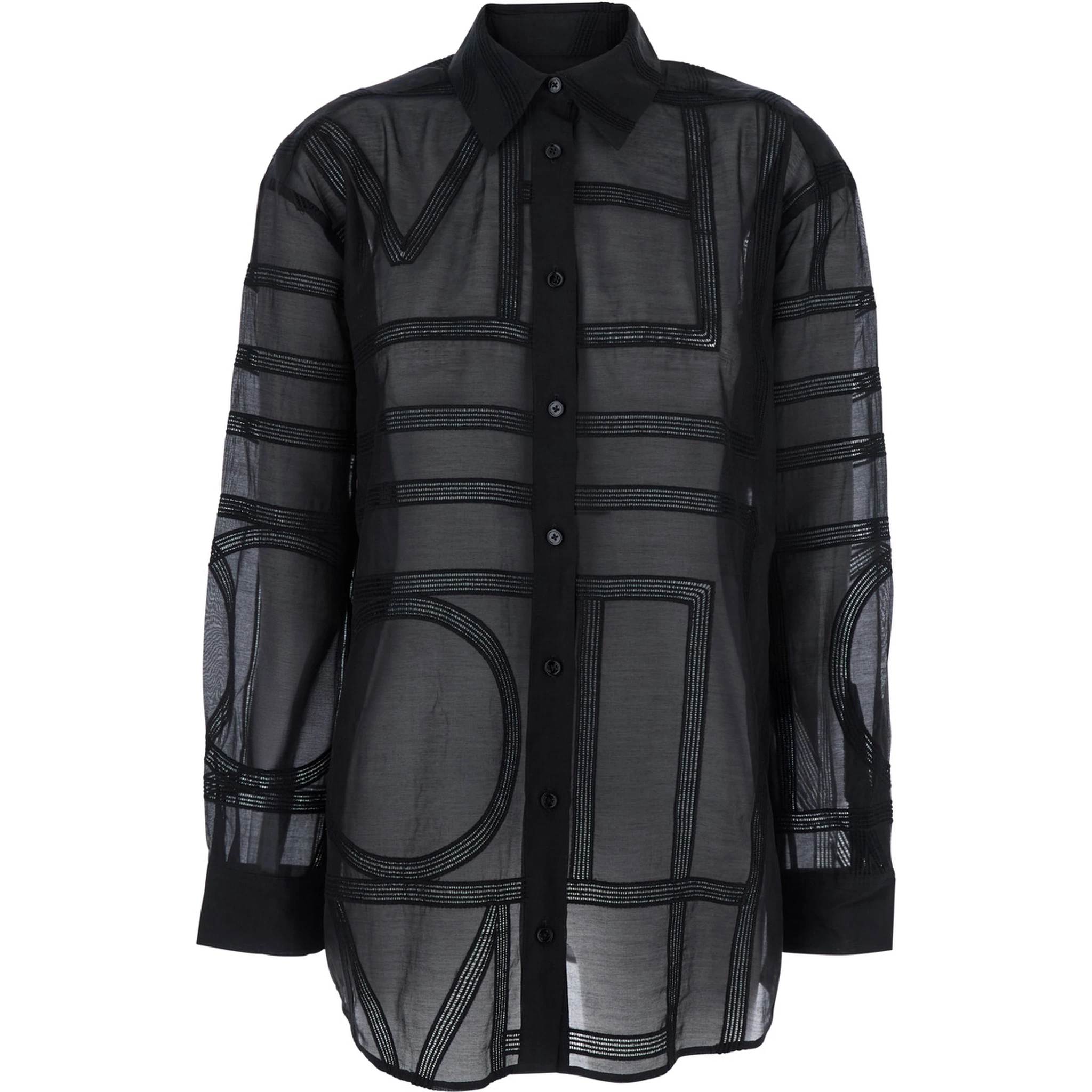 Black Shirt with Classic Collar and All-Over Logo Lettering Embroidery in Cotton and Silk Woman