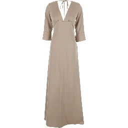 Beige Maxi Dress with Front and Rear V Neck and Maxi Bow on the Rear in Cady Woman