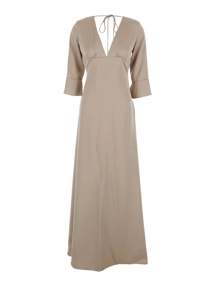 Beige Maxi Dress with Front and Rear V Neck and Maxi Bow on the Rear in Cady Woman
