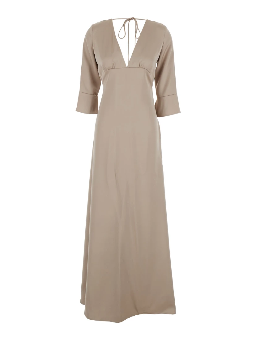 Beige Maxi Dress with Front and Rear V Neck and Maxi Bow on the Rear in Cady Woman