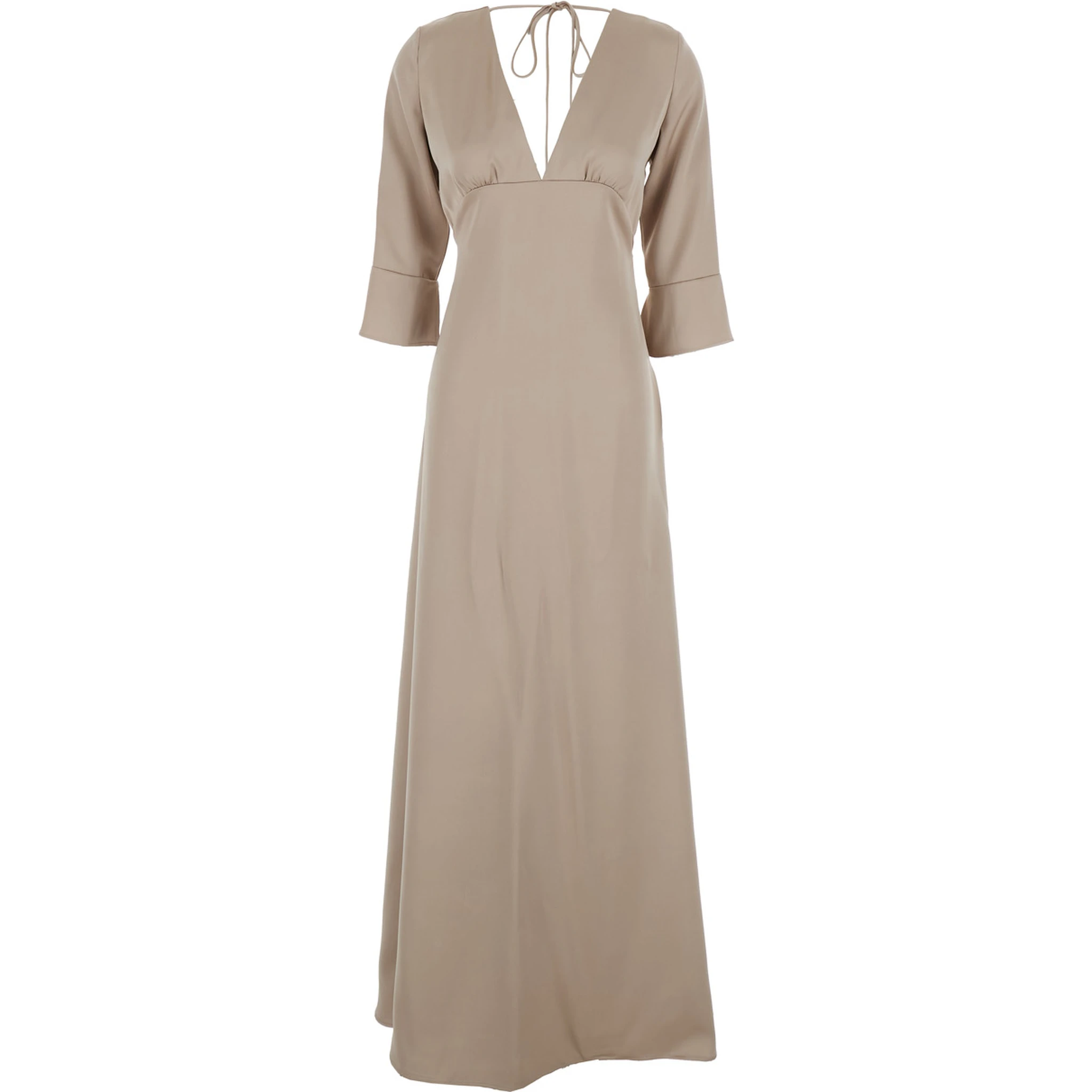 Beige Maxi Dress with Front and Rear V Neck and Maxi Bow on the Rear in Cady Woman