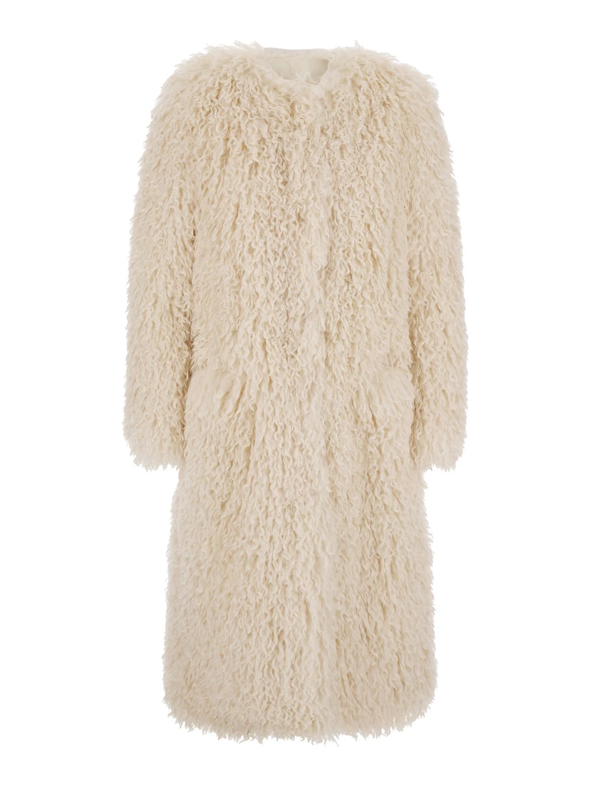 Cleo Beige Coat with Open Front in Faux Fur Woman