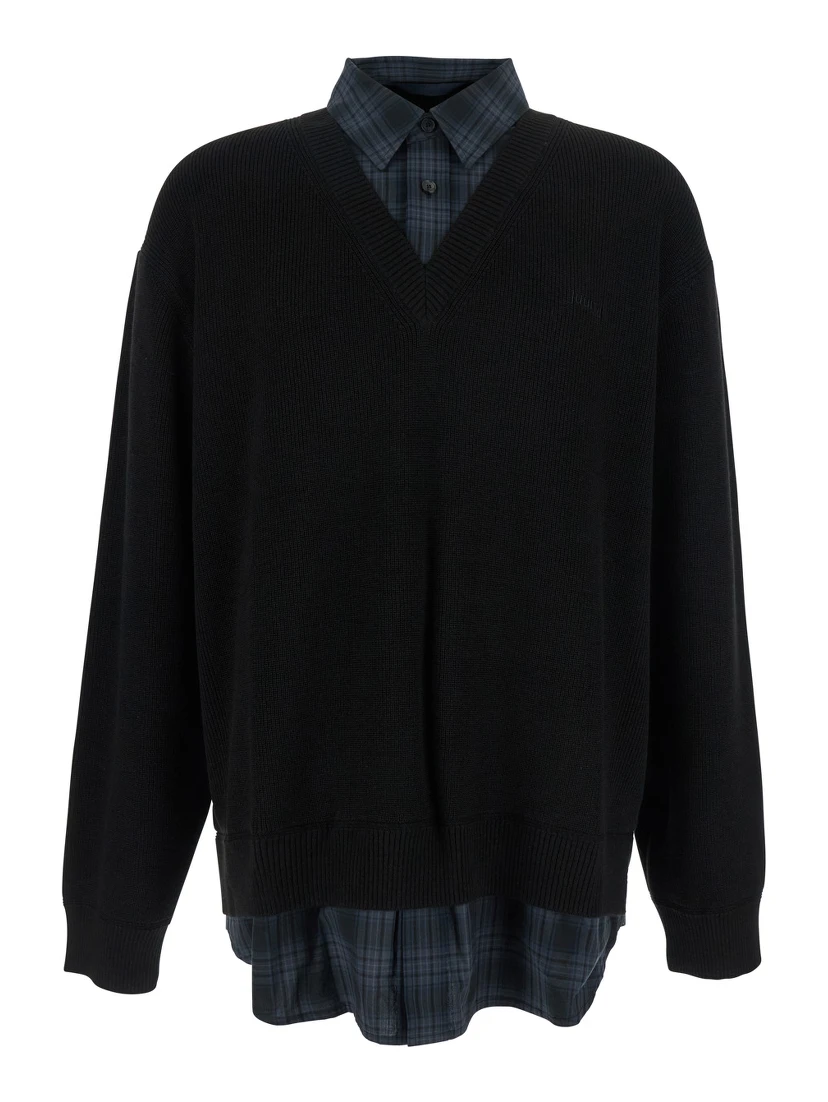 Black Sweater with Layered Design and Classic Collar in Cotton and Wool Blend Man