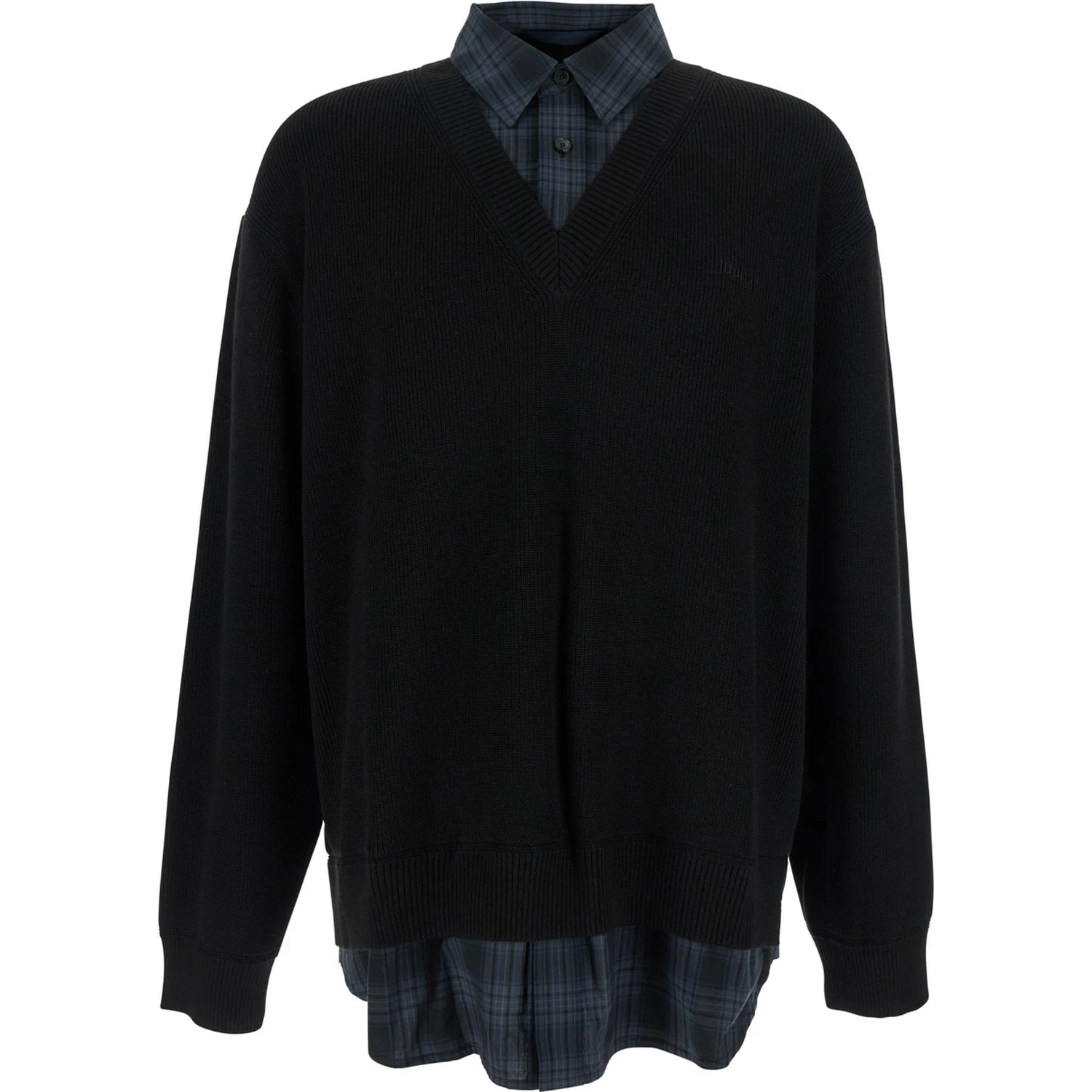 Black Sweater with Layered Design and Classic Collar in Cotton and Wool Blend Man