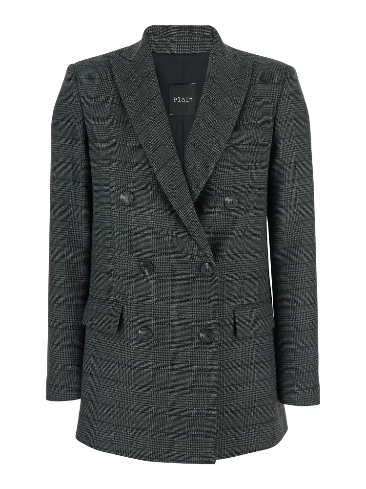 Grey Double-Breasted Jacket with Peak Revers and All-Over Striped Motif in Wool Woman