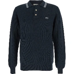 Blue Long-Sleeve Polo Shirt with Striped Collar and Logo Lettering Embroidery on the Front in Wool and Cotton Blend Man