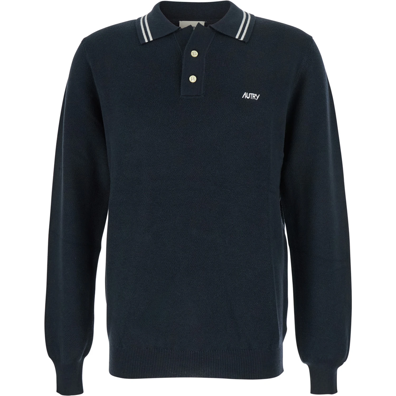 Blue Long-Sleeve Polo Shirt with Striped Collar and Logo Lettering Embroidery on the Front in Wool and Cotton Blend Man