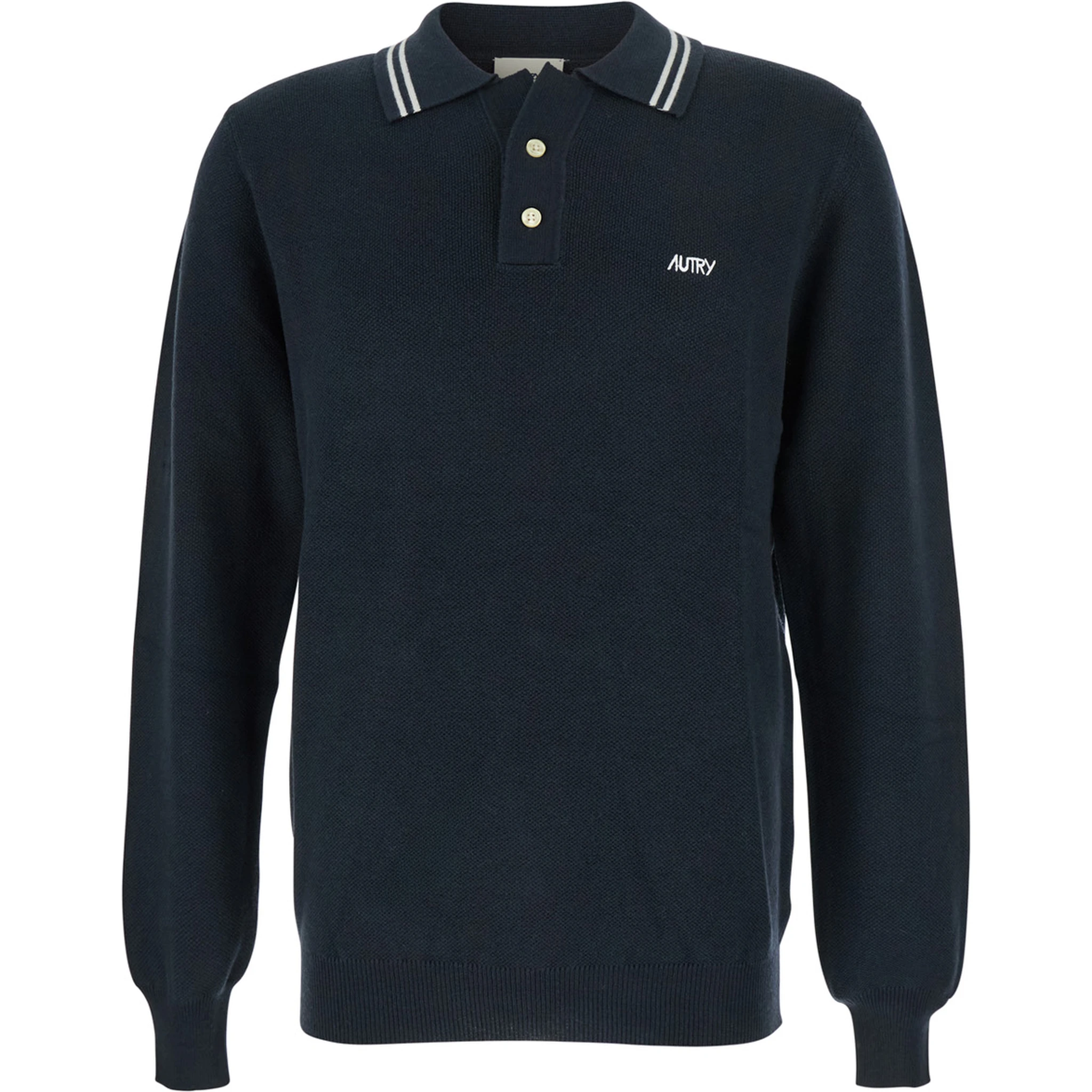 Blue Long-Sleeve Polo Shirt with Striped Collar and Logo Lettering Embroidery on the Front in Wool and Cotton Blend Man