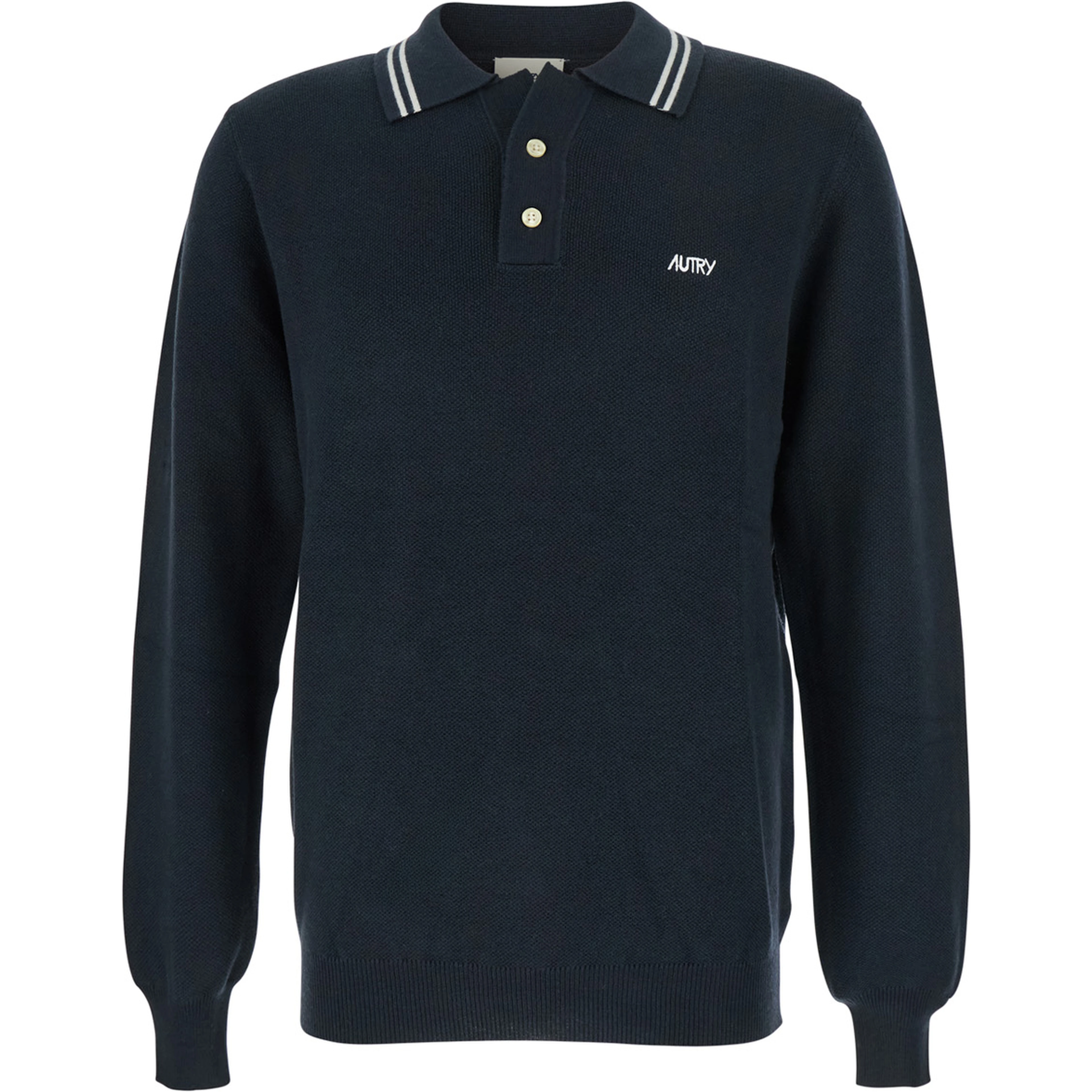 Blue Long-Sleeve Polo Shirt with Striped Collar and Logo Lettering Embroidery on the Front in Wool and Cotton Blend Man