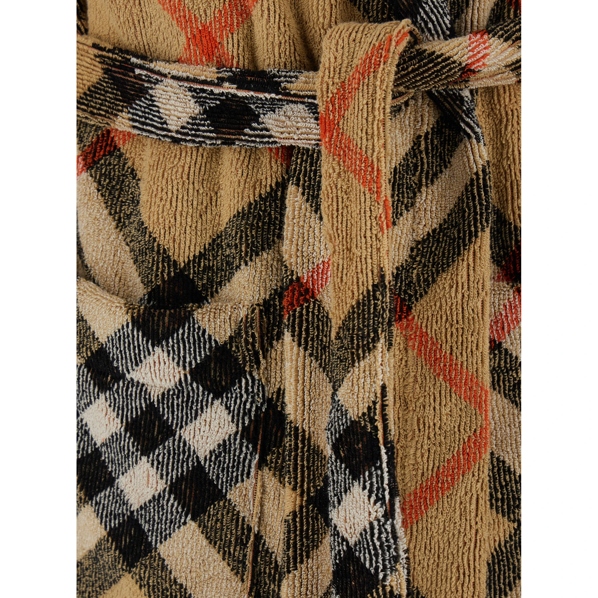 Beige Robe with Cord Closure on the Front and All-Over Check Motif in Cotton Home